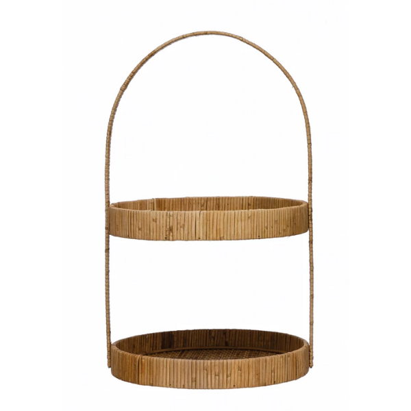 Decorative Hand-Woven Rattan 2-Tier Tray with Handle