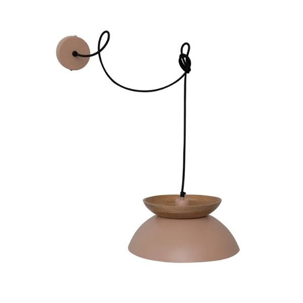 Round Wood and Metal Pendant Lamp in Putty