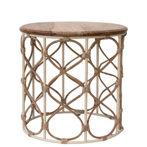 17" Round x 16"H Wood, Metal & Rattan Side Table/Stool